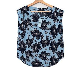 Ann Taylor Floral Blouse Women’s SMALL PETITE Blue Black Corporate Career Office
